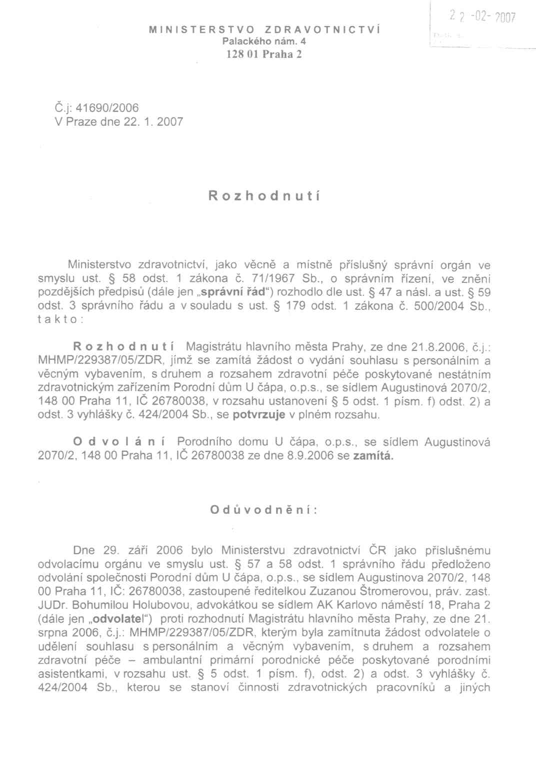 Rozhodnutí MZČR - 1. strana